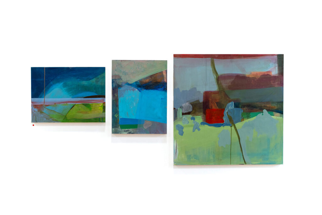 Jewel acrylic on board 40 x 30cm | Rain Moves In acrylic on board 40 x 30cm | Garden Party acrylic and mixed media on board 60c x 60cm